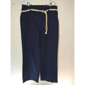 Talbots Chino Pants Womens 12 Navy Blue Wide Straight Leg Rope Belt Zip Stretch
